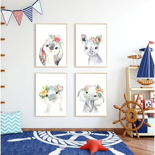 Cute Deer Zebra Lion Rabbit Pig Flower Nordic Posters And Prints Wall Art Canvas Painting Nursery Wall Pictures Kids Room Decor