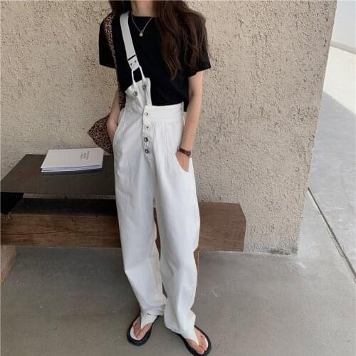 Korean Fashion style Chic Women jeans with strap Straight Wide leg denim 100% cotton Loose Long white jeans female jeans