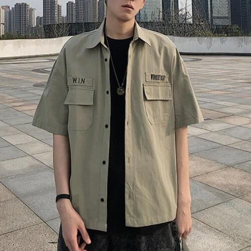 Short Sleeve Tooling Shirt Turn-Down Collar Summer Men Loose Casual Top Workwear cool men male men tee shirts