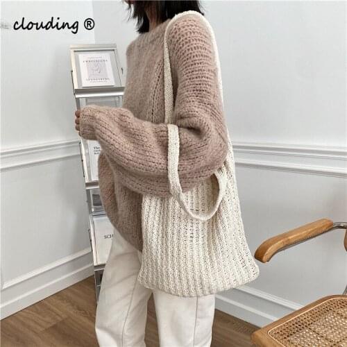 New Wool Knitted Shoulder Shopping Bag for Women 2021 Vintage Fashion Cotton Cloth Girls Tote Shopper Bag Large Female Handbag