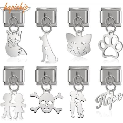 Hapiship Original Daisy Cutting Polishing Cat Skull Dog Kiss Italian Charm Fit 9mm Bracelet Stainless Steel Jewelry Making DJ150