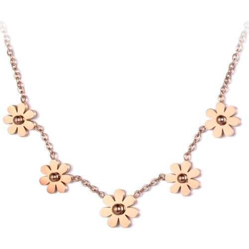 JeeMango Trendy Jewelry 5 Daisy Flowers Charms Necklace Stainless Steel Rose Gold Color Cute & Casual For Girl Gift N18073