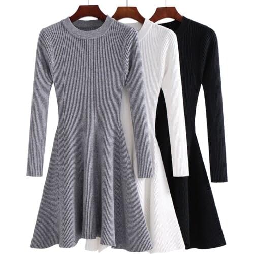 Robe Femme A Line Thick Sweater Winter Dress Women Knit Dress Warm Autumn Pullovers Long Sleeve A-Line O Neck Fitness Dress