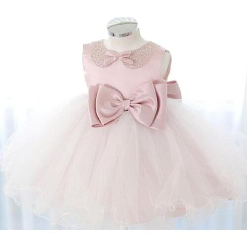 Newborn Pink Baby Girl Dresses Super Back Big Bow Bead Collar Baby Christening Gowns 1 year birthday dress vestido infantil