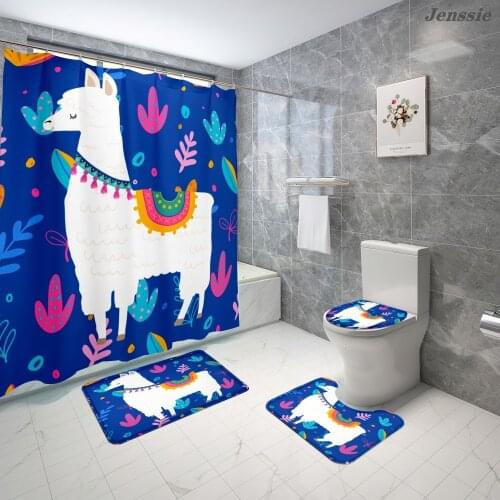Cartoon Alpaca Pattern Waterproof Polyester Shower Curtain Cute Funny Animals Bathroom Non-slip Rug Bath Carpet Toilet Lid Cover