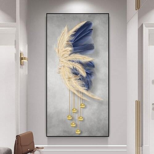 Nordic Decoration Blue Gold Feather Line Wall Art Porch Decoration Painting Corridor Living Room Home Decoration Wall Painting