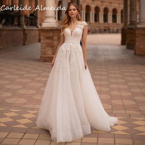 A-Line Scoop Neck Wedding Dresses with Lace Appliques & Beads Simple Vestido de casamento Sweep Train Bridal Dress