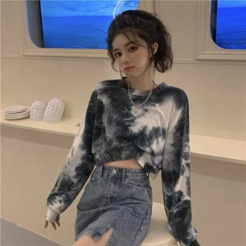 Womens Tie Dyed Sweater New Spring and Autumn Long Sleeve Korean Loose High Waist Short Fashionable Top Pullover Womens Top