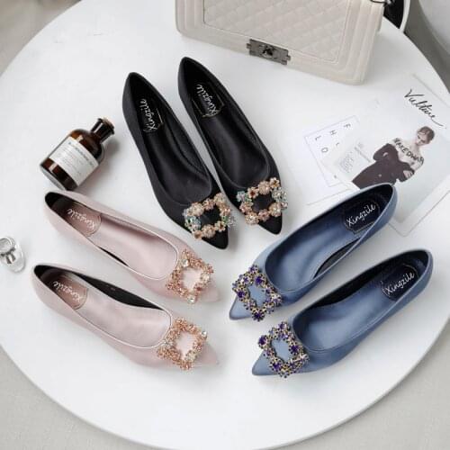 Silk Fabrics Women Flat Fashion Crystal Slip-on Shoes Female High Quality Pointed Toe Women Wedding Dress Shoe Size 34-45