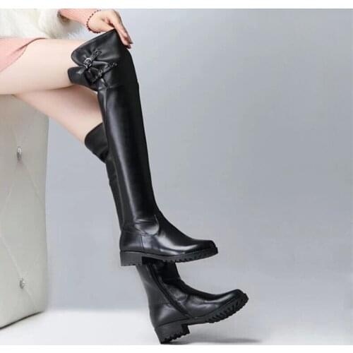2019 over the knee boots buckle zipper low heel ladies boots low heel leather shoes round head fashion ladies shoes