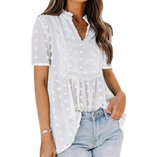 Women Tops Lace White T-shirts Splicing Dot BohemianShort-sleeved Solid Color Shirts Summer Tops Tees