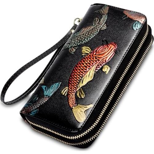 Genuine Leather Women Wallet Female Long Clutch Lady Wallet Magic Zipper Coin Purse Rfid Luxury Brand Fish Pattern Money Bag