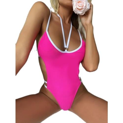 2021 New Arrival Women Solid Backless Rose Red One Pieces Swimsuit Sexy Halter One-piece Suits
