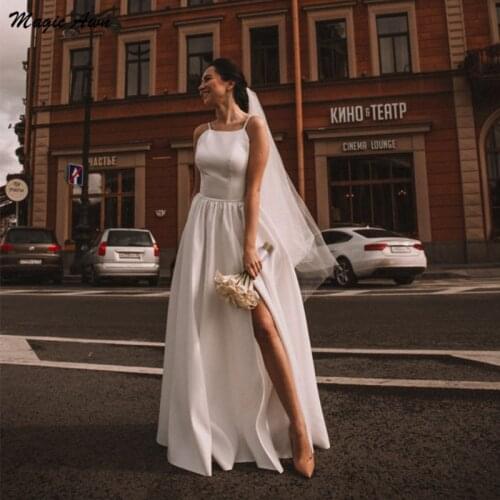 Magic Awn Elegant Satin Wedding Dresses Spaghetti Straps Side Slit Simple Boho Mariage Gowns Pockets Backless Vestidos De Novia