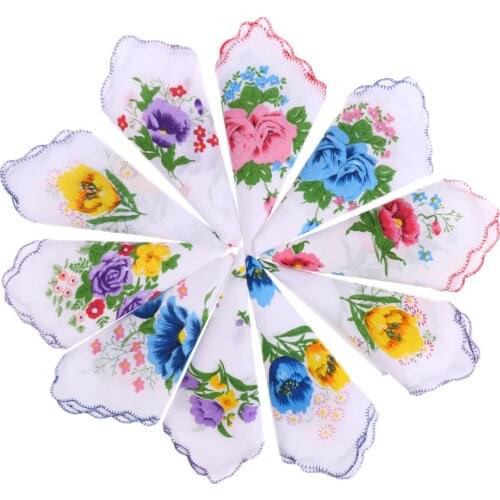 10pcs 100% Women Cotton White Handkerchiefs Ladies Hankies Square Handkerchiefs Assorted Colourful Flowers for Weddings Parties