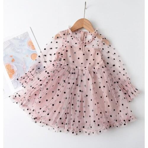 2021 Girls Summer Dress Toddler Kids Baby Girls Long Sleeve Gauze Ruffled Polka Dot Bow Fashion Girls Princess Party Dresses