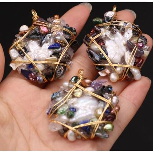 2021New Natural Semi-precious Stone Irregular Pearl Crystal Bud Wrapped Gold Wire Pendant Making DIY Necklace AccessoriesGift