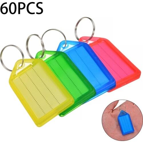 60pcs Plastic Multicolor Key Chains Key Assorted Label Luggage ID Tags with Slidable Protective Cover+Split Ring Paper Card