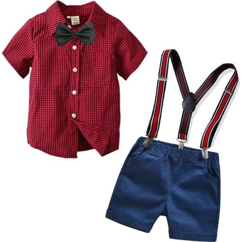 Baby Boys Gentleman Set Summer Fashion Red lattice Short Sleeve Shirt+ Strap Shorts Childrens Party Clothing Boys Overalls