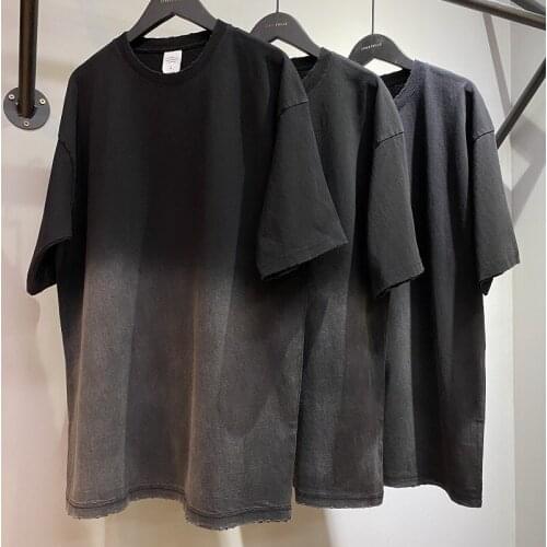 Hip Hop Vintage Black Gradient Washed T-Shirts Men Edge Grinding Oversize Short Sleeve Casual Loose Streetwear Tees Tops Summer