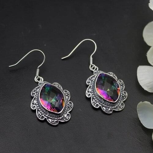 Hermosa Vintage Rainbow Fire MysticTopaz Silver Color Dangle Earrings For Women Fashion Jewelry 1 5/8 Inch ME113