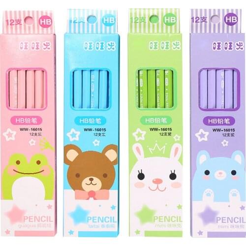 12pcs HB Pencils Lovely Animal Writing Wooden Pencil with Erasers for Children Kids Students School Office Supplies Stationery