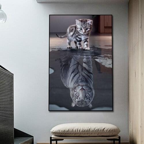 Cats Reflection Tiger Canvas Painting Poster Nordic Print Wall Art Picture For Living Room Home Decor Wall Decor Frameless