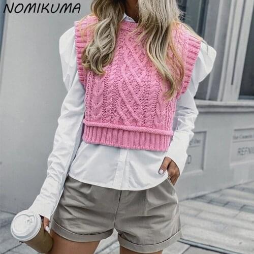 Nomikuma Short Cropped Sweater Vest Korean Sleeveless O-neck Twisted Pullover 2021 New Slim Fashion Women Knitted Vests 6Z274