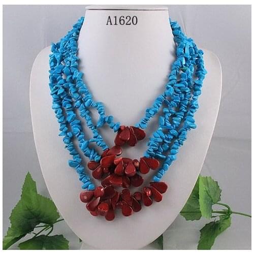 Unique Pearls jewellery Store,4rows Blue Turquoises Red Corals Necklace,Charming Women Gift Jewelry