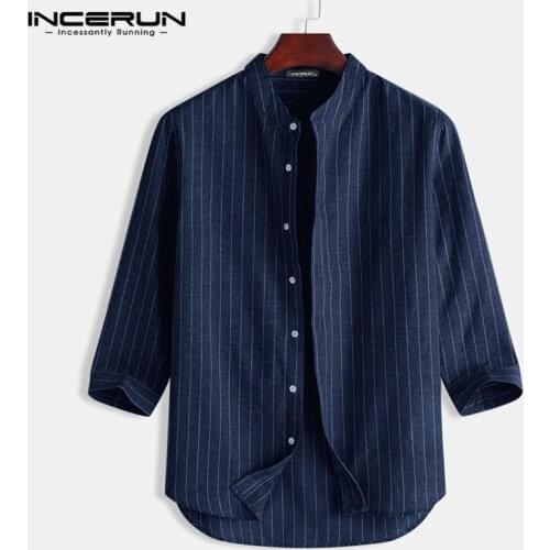 2021 Men Casual Striped Shirt Streetwear 3/4 Sleeve Stand Collar Leisure Tops Breathable Harajuku Camisa Masculina S-5XL INCERUN
