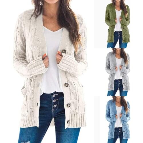 2020 Women Winter Solid Color Buttons Pockets Braid Knitted Sweater Coat Cardigan Womens Clothing свитер женский pull femme