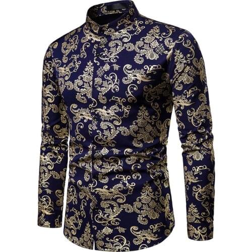 Gold Print Men Shirts Fashion Elegant Long Sleeve Shirt Gold Stamping Printing Stand Collar Dress Shirts Mens Tops