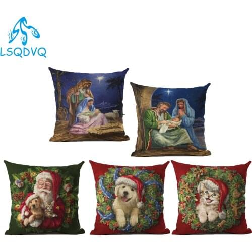 Merry Christmas Pet Dogs Cats Santa Claus Jesus Throw Pillows Case Sofa Home Polyester Cushion Cover for Home Living Room