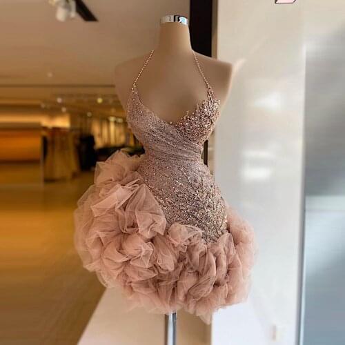 Sexy Short Prom Dresses Halter Beaded Sequins Women Tulle Evening Party Dress For Pageant Mini Length Plus Size