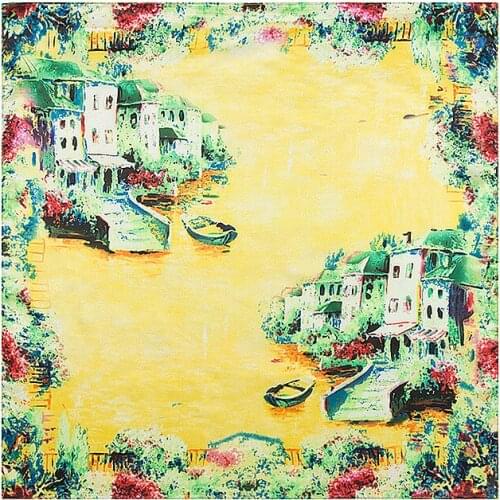 60cm * 60cm 2017 big size Women High Quality Imitated Silk Satin Scarves Shawl square silk scarf oil painting lake