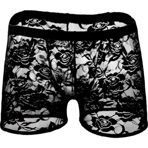 Sexy Gay Underwear Men Boxer Shorts Transparent Mesh Lace Panties Man Solid Low RiseU Convex Pouch Underpants Cueca calzoncillo