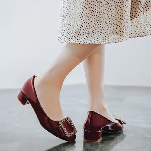 Macrame border crystal buckle shoes for women bridesmaid solid square toe loafers ladies new thick wedding shoes big size 36-45