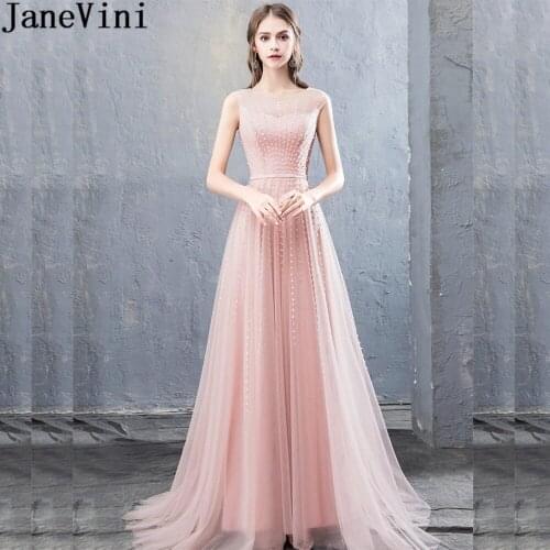 JaneVini Illusion Tulle Beaded Prom Gowns Long Shiny Sequined Light Pink Bridesmaids Dresses Wedding Guest Party Dress Formal