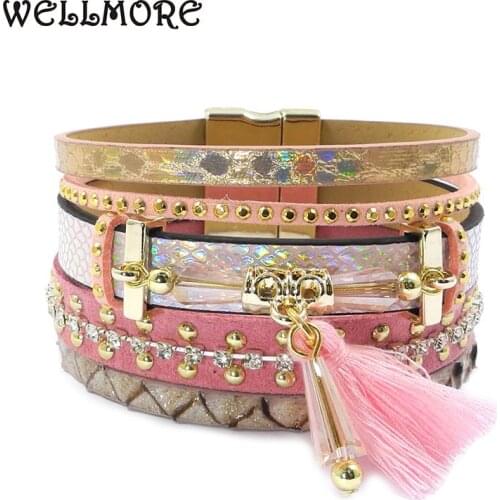 WELLMORE Leather bracelets tassel, crystal ,Bohemian charm bracelets for women jewelry wholesale drop shipping