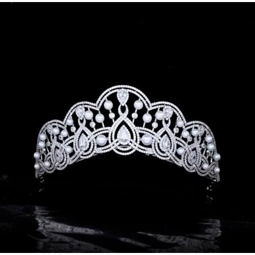 Funmode Luxury Pearl Cubic Zircon Tiara Crown For Women Diademas Hair Accessory Wedding Dress Jewelry Wholesale FC20