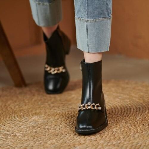Fashion New Metal Chain Ankle Boots For Women High Heels Autumn New Square Toe Zip Ladies Punk Short Boots Plus Size 32-43 Black