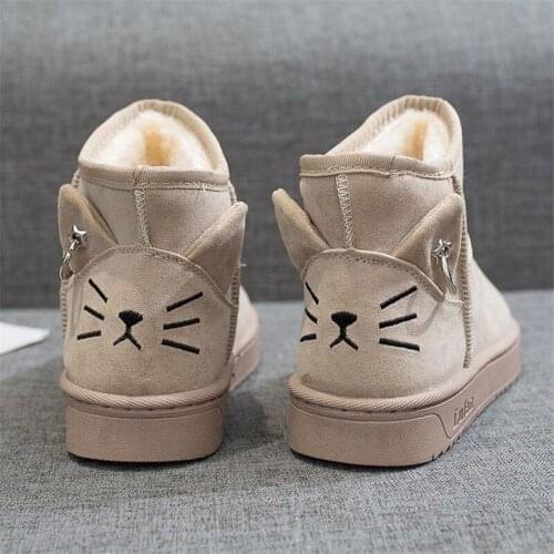 Women Cute Kitty Cat Pattern Snow Boots Casual Platform Plush Non-slip Ankle Boots Winter Warm Waterproof Flat Shoes Fashion New