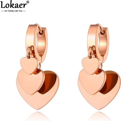 Lokaer Office Design Titanium Stainless Steel Bohemia CZ Crystal Heart Earrings For Women Trendy Rose Gold Hoop Earrings E20246