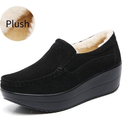 Women Winter Shoes Genuine Leather Slope Heel Zapatos De Mujer Thickened Warm Casual Loafers Shoes for Women Sneakers Woman