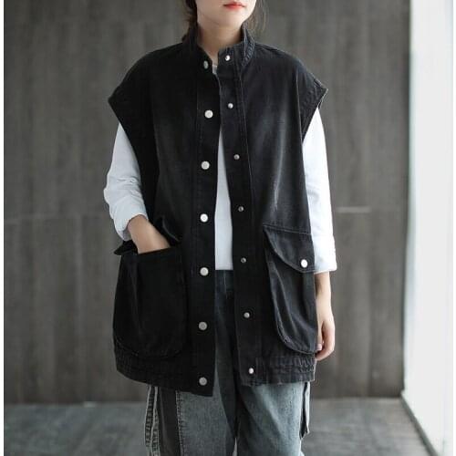 Korean Autumn 2021 New Black Denim Vest Coats Women Cover Buttons Big Pockets Waistcoats Ladies Casual Loose Sleeveless Jackets