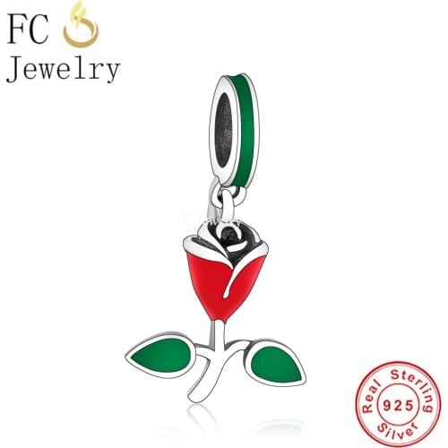FC Jewelry Fit Original Charm Bracelet 925 Sterling Silver Leaf Red Enamel Rose Flower Bead For Making Women Valentine Berloque