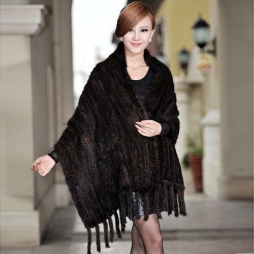 Winter Womens Genuine Knitted Mink Fur Pashmina with Tassels and Pockets Lady Fashion Wraps Female Scarves VF0324