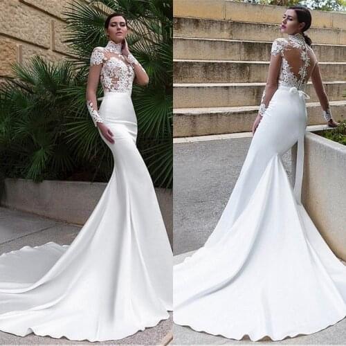 High Collar Sheer Bodice Satin With Applique Lace Mermaid Wedding Dresses Long Sleeve 2020 Luxury Bride Dress Women Bridal Gowns