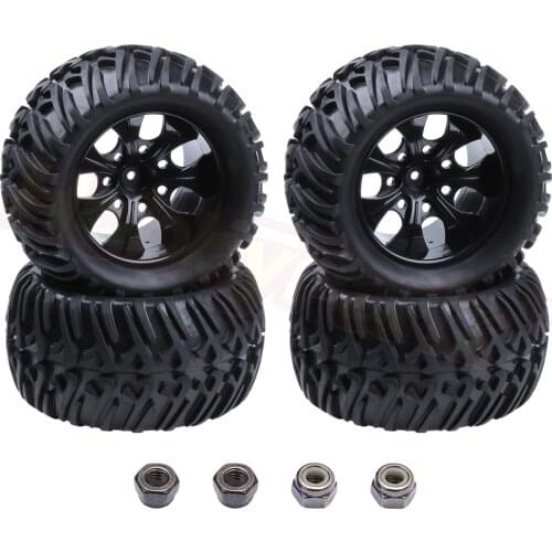 4pcs 125mm Rubber RC 1/10 Truck Tires and Wheel Rims 12mm Hex With Nylon Lock Nuts M4 For HSP Himoto Traxxas HPI Redcat Monster