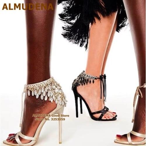 ALMUDENA Bling Bling Crystal Fringe High Heel Sandals Gorgeous Glittering Tassel Lace-up Wedding Shoes Satin Fabric Party Pumps